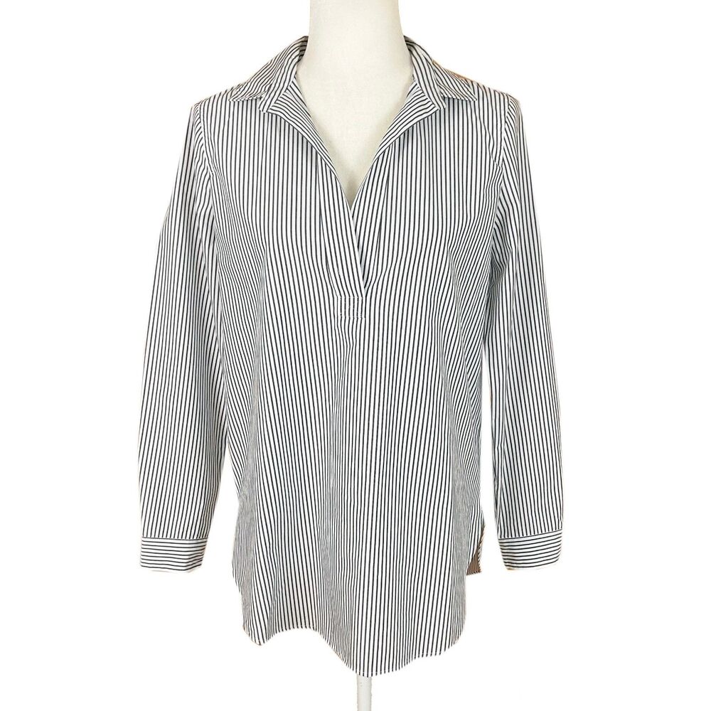 J Crew Long Sleeve Popover Top Size XS Black White Stripe Cotton Poplin NEW